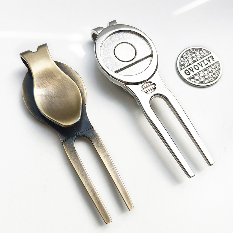 Golf Divot javítószerszám, Divot szerszám golf sapkával és GvOvLvF mágneses golflabda-jelölővel golfgyakorláshoz, ezüst és réz