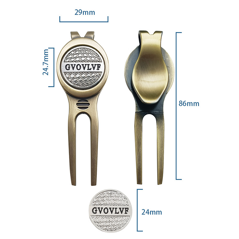 Golf Divot javítószerszám, Divot szerszám golf sapkával és GvOvLvF mágneses golflabda-jelölővel golfgyakorláshoz, ezüst és réz