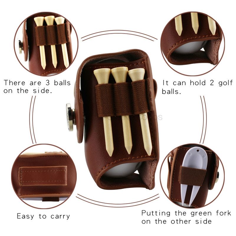 Mini portabil din piele cu agrafă pentru suport pentru minge de golf Geantă de depozitare pentru tricouri, negru maro, pachet pentru talie, instrument de ajutor, cadou, accesorii de golf