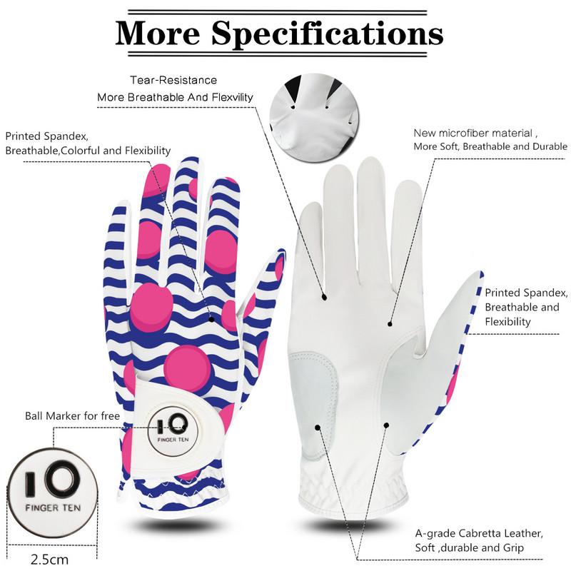 Uue disainiga trükitud esmaklassilised naiste golfikindad vasakpoolne, parempoolne pallimarkeriga Rh Lh Weathersof Grip Drop Shipping