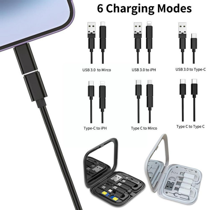 Κουτί αποθήκευσης προσαρμογέα καλωδίου φόρτισης πολλαπλών λειτουργιών 60W C καλώδιο μικρο δεδομένων σε καλώδιο μακιγιάζ C USB με θήκη τηλεφώνου Τύπος καθρέφτη W4A2