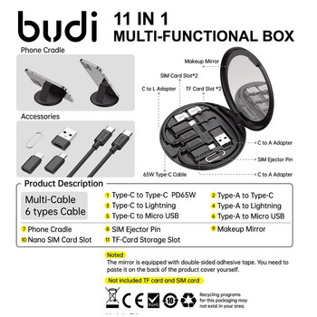 BUDI 11 в 1 Многофункционална кутия за аксесоари за мобилни телефони Огледало за грим Държач за телефон Многофункционален интелигентен адаптер Карта за съхранение