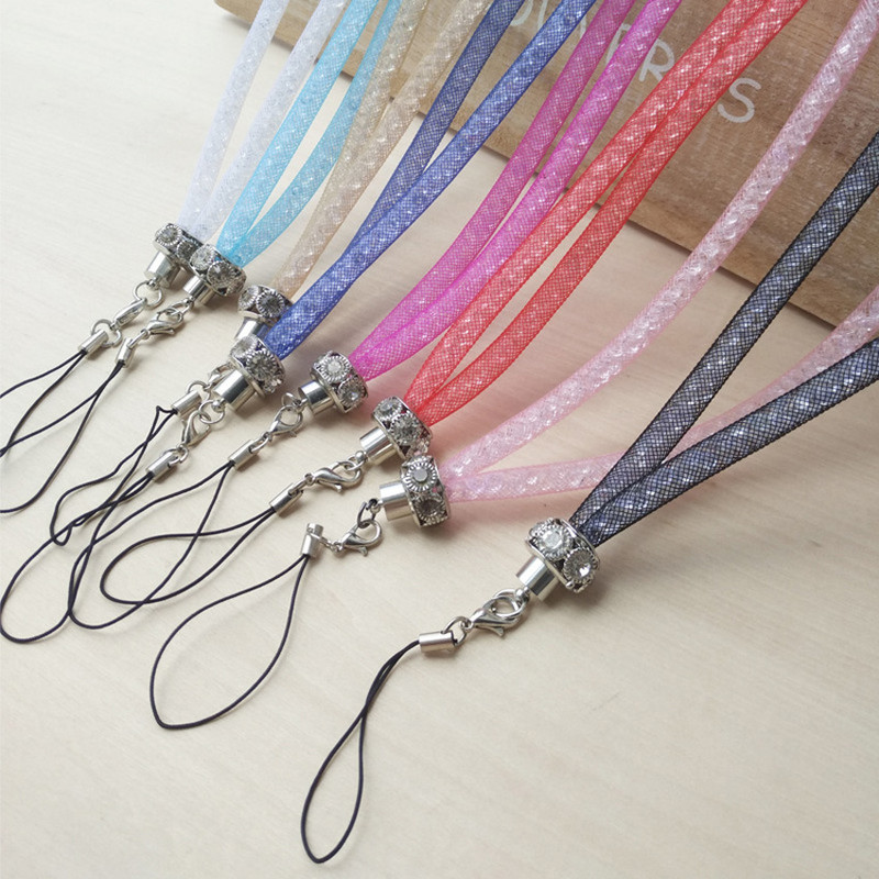 Uus kristallpaelaga kaelakee ID märk Mobiiltelefoni võtmehoidja sädelev nööripael Rhinestone võrgust vargusvastane hoidik riputusnöör