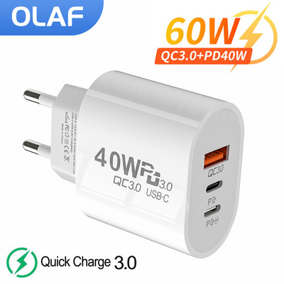 Olaf USB C зарядно устройство 60 W бързо зареждане зарядно устройство 3 порта тип C зарядно устройство за мобилен телефон PD захранващ адаптер за Samsung Xiaomi iPhone QC3.0