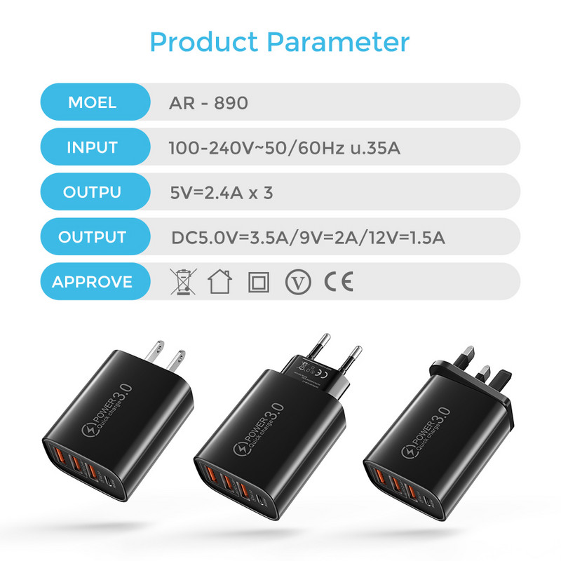 60W USB C punjač Brzo punjenje Quick Charge 3.0 Punjač za mobilni telefon Tip C adapter za iPhone 14 13 Xiaomi 12 Samsung Huawei