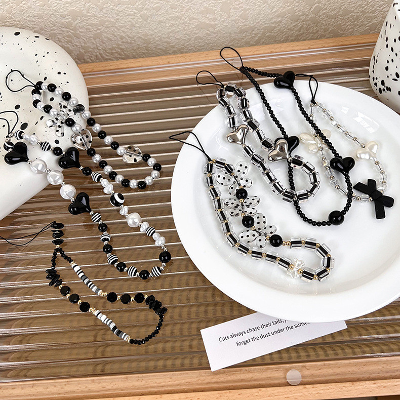 Šarm Srce Leptir Lanci za mobitele za žene Djevojke Telefonski šarm Remen Crni akrilni biserni užet Nakit Pokloni