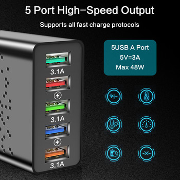 68W 5 порта USB адаптер за зарядно устройство Бързо зареждане на мобилен телефон за смартфон iPhone 13 12 Samsung Xiaomi Tablet usb charger QC 3.0