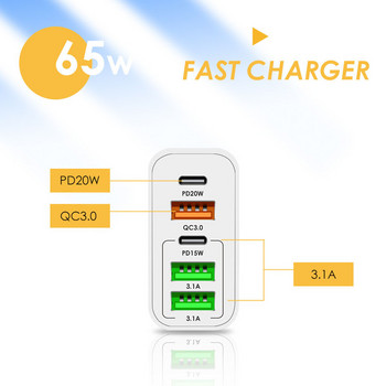 ANSEIP Quick Charge 3.0 65W PD USB Type C зарядно устройство 5-портов адаптер за зарядно устройство за телефон за iPhone 11 13 14 Pro max Samsung Xiaomi Huawei