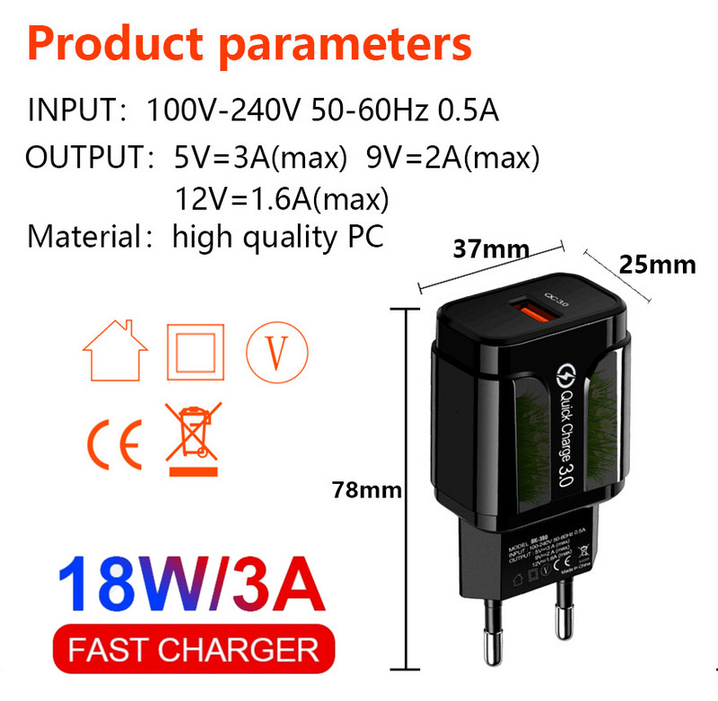 AIXXCO 5V 2A EU Plug LED Light 2 USB адаптер Стенен PD зарядно устройство за мобилен телефон Quick Charge QC 3.0 Mobile Charger Fast Charger