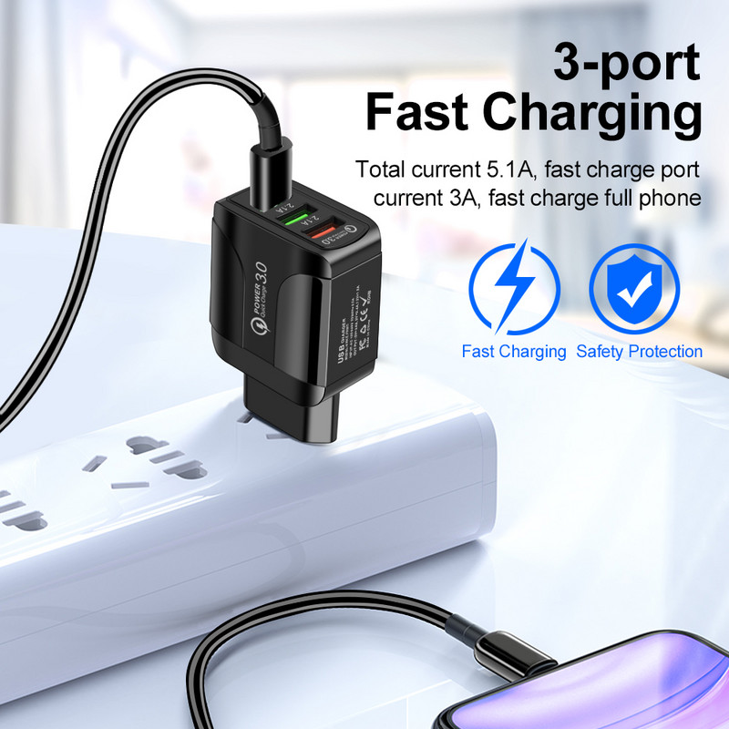 AIXXCO 5V 2A EU Plug LED Light 2 USB адаптер Стенен PD зарядно устройство за мобилен телефон Quick Charge QC 3.0 Mobile Charger Fast Charger