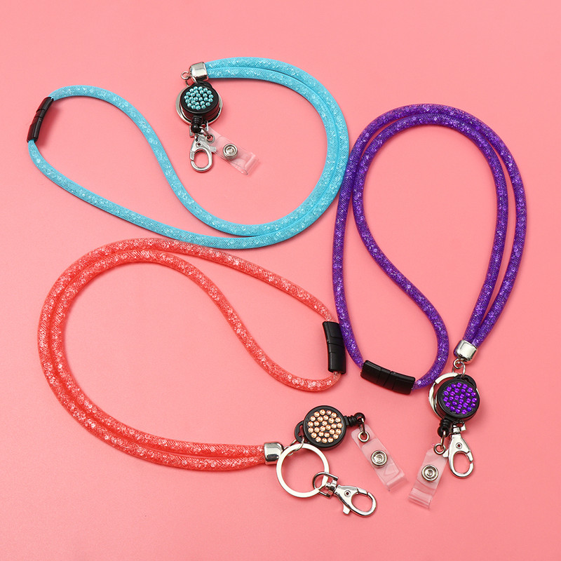 1PC Rhinestone Bling Crystal Lanyard Badge Притежател на лична карта Държач за презрамка за врата Щипка за мобилен телефон Висящо въже Ключодържател Офис консумативи