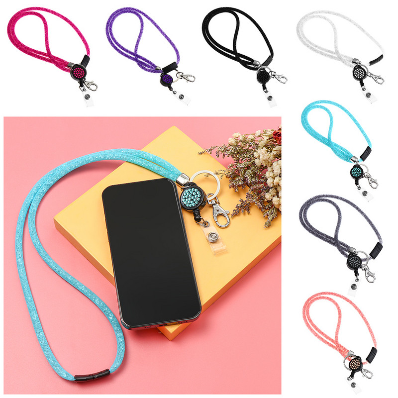 1PC Rhinestone Bling Crystal Lanyard Badge Притежател на лична карта Държач за презрамка за врата Щипка за мобилен телефон Висящо въже Ключодържател Офис консумативи