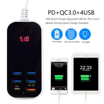 PD 30W 6 θυρών Τύπος C Φορτιστής USB Γρήγορη φόρτιση 3.0 Φορτιστής τοίχου 1.5M Καλώδιο τροφοδοτικό UK EU US Για κινητά τηλέφωνα Γρήγορη φόρτιση