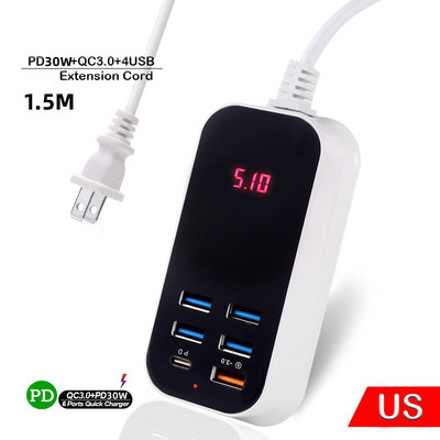 PD 30W 6 порта Тип C USB зарядно Бързо зареждане 3.0 Стенно зарядно устройство 1.5M кабел Захранващ адаптер Великобритания ЕС САЩ За мобилен телефон Бързо зареждане
