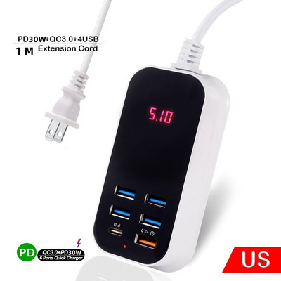 PD 30W 6 порта Тип C USB зарядно Бързо зареждане 3.0 Стенно зарядно устройство 1.5M кабел Захранващ адаптер Великобритания ЕС САЩ За мобилен телефон Бързо зареждане
