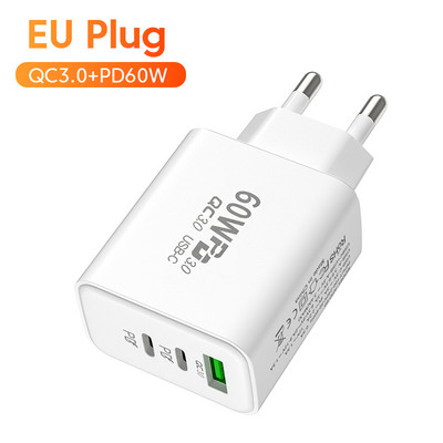 60W USB Type C Φορτιστής Γρήγορη φόρτιση 3.0 Κινητό Τηλέφωνο 3 Θύρες Wall Fast Charger PD Adapter for iPhone 14 13 Samsung Xiaomi Poco f3