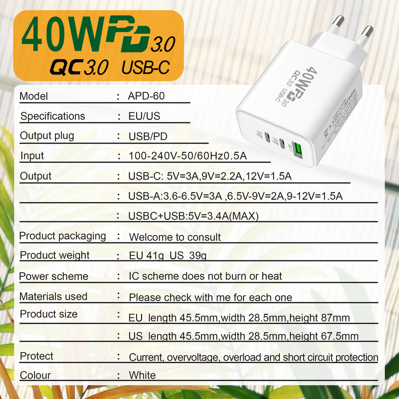 40W PD USB punjači QC 3.0 brzi punjač za iPhone 14 13 Pro Xiaomi Redmi HUAWEI OPPO Adapter punjača za mobilni telefon Samsung tipa C