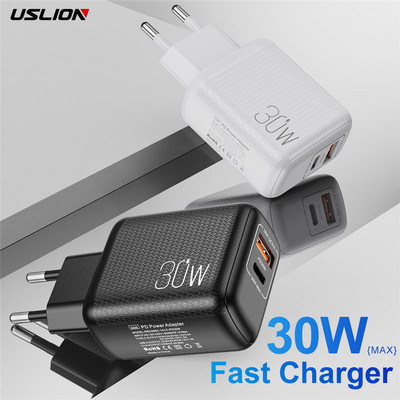 USLION PD 30W USB C Бързо зареждане PD QC 3.0 Type C Бързо зареждане за iPhone 12 Pro Samsung Xiaomi redmi Стенно зарядно за мобилен телефон