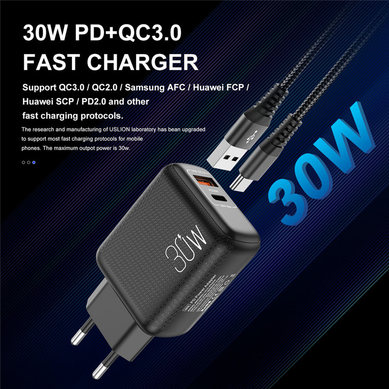 USLION PD 30W USB C Quick Charge PD QC 3.0 Type C Brzo punjenje za iPhone 12 Pro Samsung Xiaomi redmi zidni punjač za mobitele