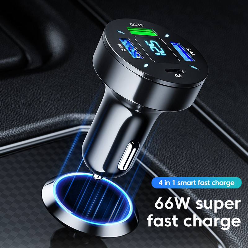 66 W tüüpi C laadija autos kiirlaadimine mobiiltelefoni jaoks 4-pordiline kiirlaadimisadapter PD autotelefoni laadija iPhone 13 Xiaomi jaoks