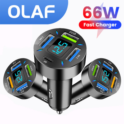 Olaf automašīnas tālruņa lādētājs 66 W USB C lādētājs automašīnā 4 portu PD ātrās uzlādes QC3.0 tālruņa lādētāja adapteris iPhone 14 Xiaomi Samsung