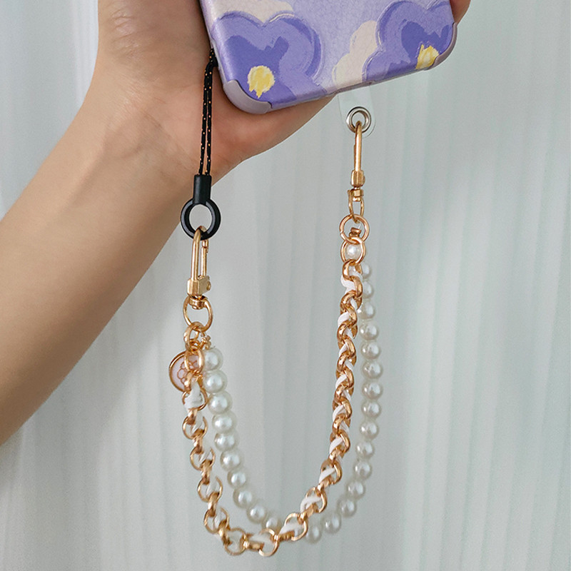 Narukvica za torbicu za mobilni telefon Narukvica za ručni zglob Narukvica za zapešće Uže za zapešće Narukvica za telefon Biserne perle Crno-bijela užad protiv gubitka