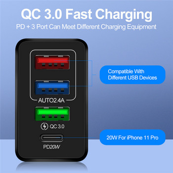USLION EU US UK Plug USB зарядно устройство тип C Fast Charge QC 3.0 зареждане на стена за iPhone 12 11 Xiaomi мобилен телефон 4 порта адаптер