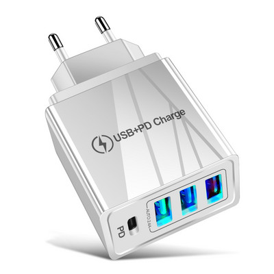 USLION EU US UK Încărcător USB Tip C Încărcare rapidă QC 3.0 Încărcare de perete pentru iPhone 12 11 Xiaomi Telefon mobil 4 porturi Adaptor