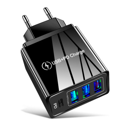 USLION EU US UK Încărcător USB Tip C Încărcare rapidă QC 3.0 Încărcare de perete pentru iPhone 12 11 Xiaomi Telefon mobil 4 porturi Adaptor