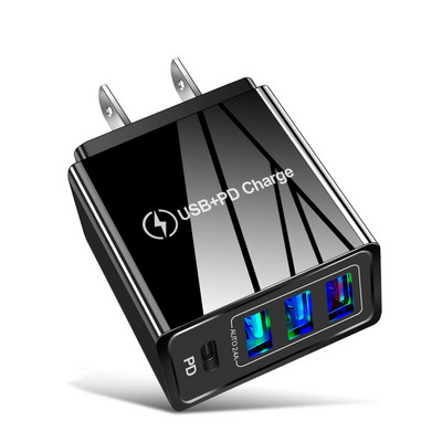 USLION EU US UK Încărcător USB Tip C Încărcare rapidă QC 3.0 Încărcare de perete pentru iPhone 12 11 Xiaomi Telefon mobil 4 porturi Adaptor