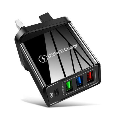 USLION EU US UK Încărcător USB Tip C Încărcare rapidă QC 3.0 Încărcare de perete pentru iPhone 12 11 Xiaomi Telefon mobil 4 porturi Adaptor