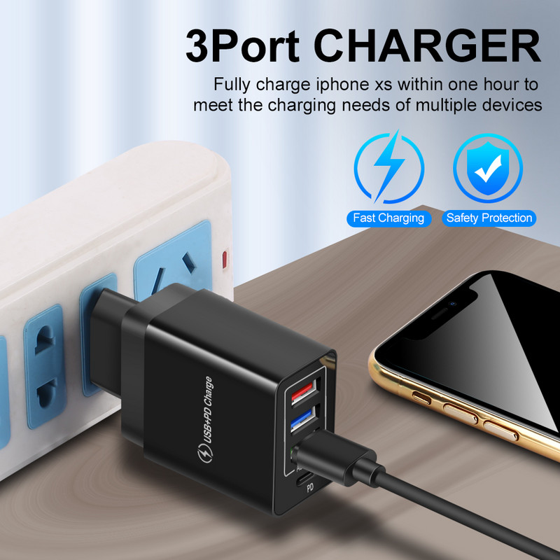 USLION EU US UK utikač USB punjač tipa C Fast Charge QC 3.0 zidno punjenje za iPhone 12 11 Xiaomi mobilni telefon 4 porta adapter