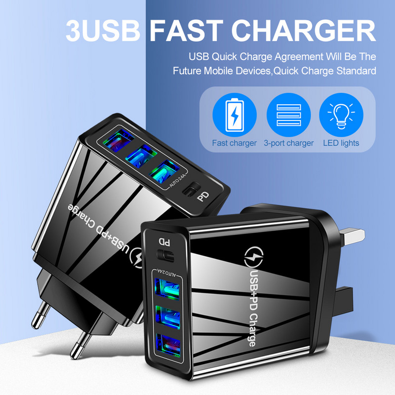 USLION EU US UK utikač USB punjač tipa C Fast Charge QC 3.0 zidno punjenje za iPhone 12 11 Xiaomi mobilni telefon 4 porta adapter