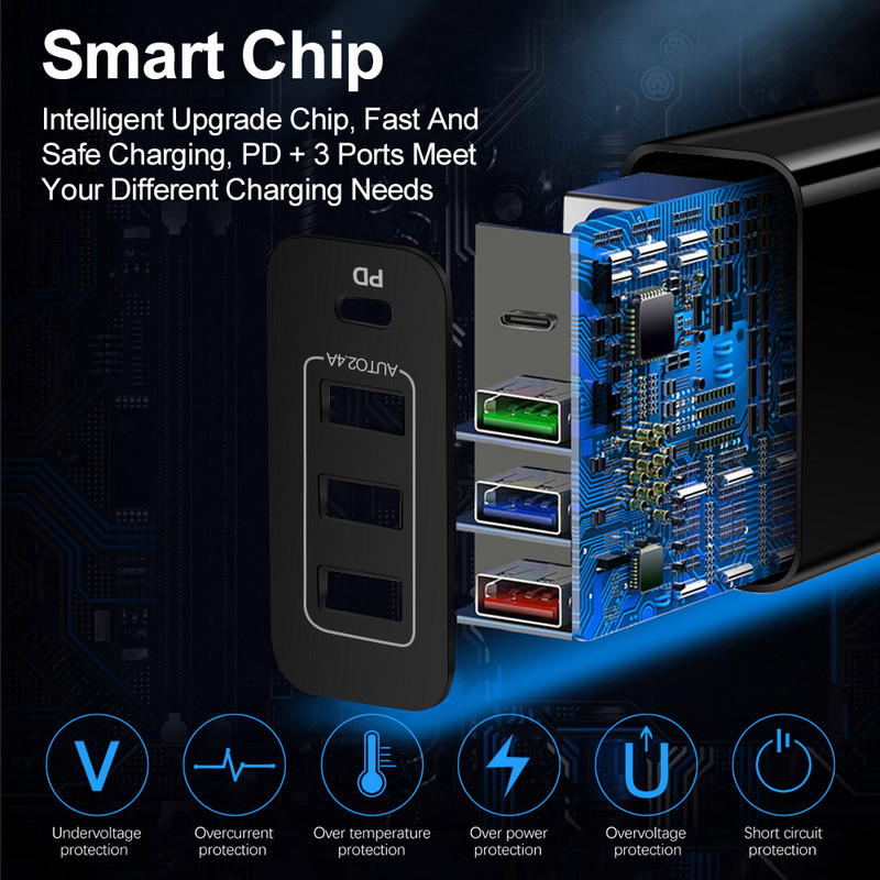 USLION EU US UK utikač USB punjač tipa C Fast Charge QC 3.0 zidno punjenje za iPhone 12 11 Xiaomi mobilni telefon 4 porta adapter