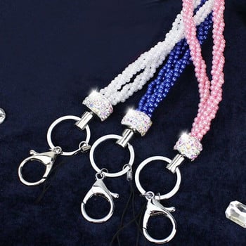 1PCS Rhinestone Bling Lanyard Crystal Pearl Neck Keyring Ключодържател Значка за мобилен телефон ID Държач за камера USB ключодържател