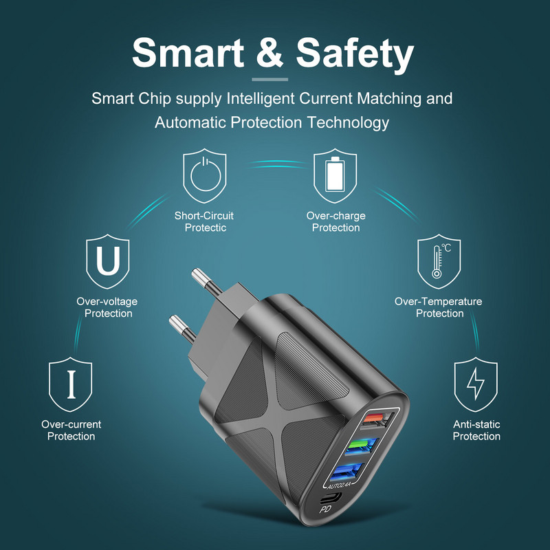 lovebay Quick Charge 48W adapterski punjač tipa C PD utikač 4 porta brzi punjač za iPhone 13 11 12 Xiaomi EU US UK Punjači za telefone