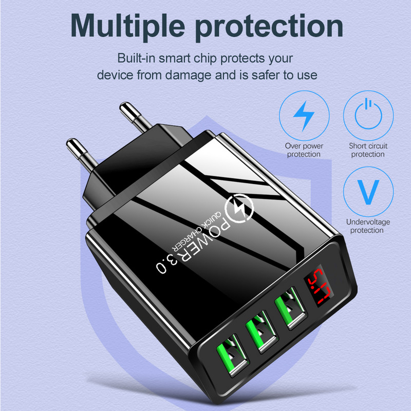 USB punjač Quick Charge3.0 Adapter za Xiaomi Samsung iPhone Punjači za telefone Fast Charge Zidni punjač s LED digitalnim zaslonom
