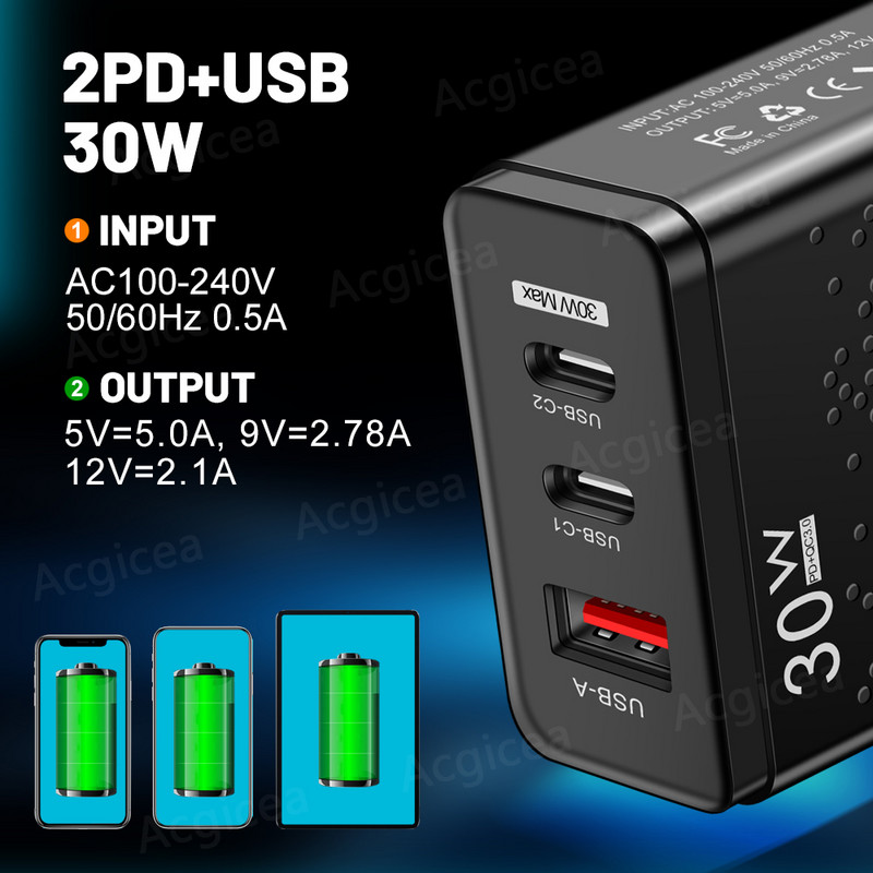 30W USB punjač Punjač za telefon tip C Univerzalni adapter QC 3.0 za iphone 14 11 Pro Max Xiaomi Samsung prijenosni punjač za mobitele