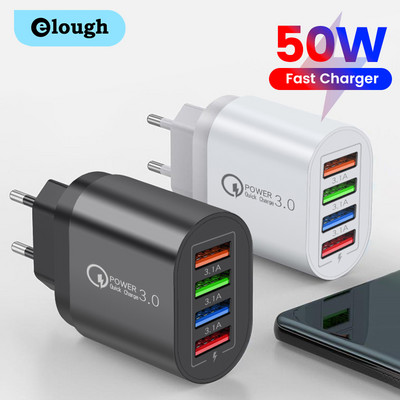 Elough 4 prievadų 50 W USB įkroviklis Quick Charge 3.0 mobiliojo telefono adapteris, skirtas iPhone Xiaomi Huawei Samsung sieninis įkroviklis EU/US kištukas