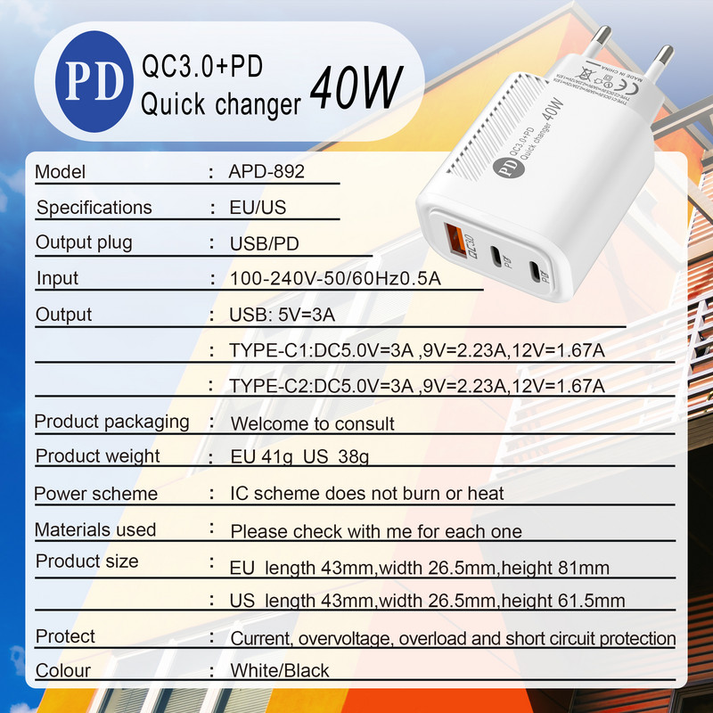 40W PD USB C punjač Quick Charge 3.0 Type C punjač Zidni adapter za mobilni telefon za iPhone 14 13 Pro Max Xiaomi 12 Poco Samsung