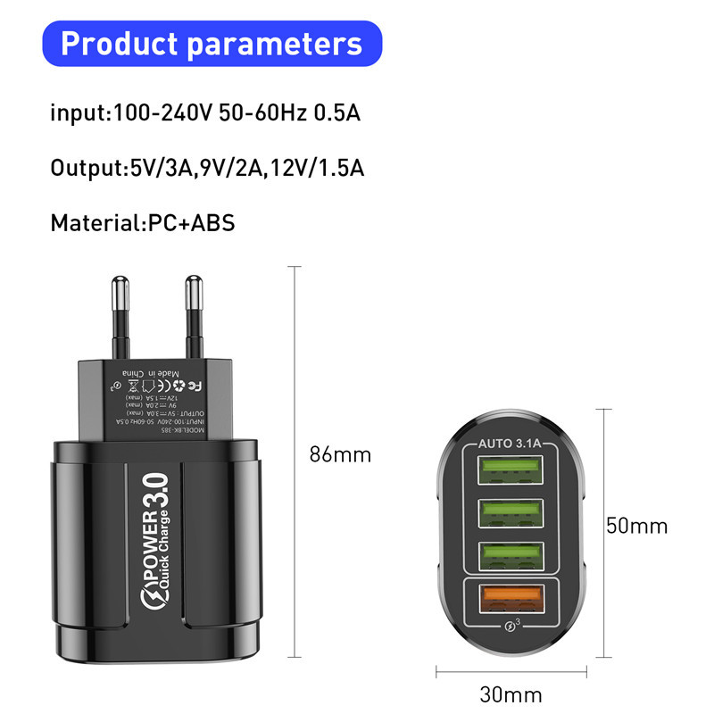 USLION 3A brzi punjač za iPhone 12 11 4 porta 48W zidni USB punjač EU/US adapter za utikač za Samsung huawei punjač za mobilni telefon