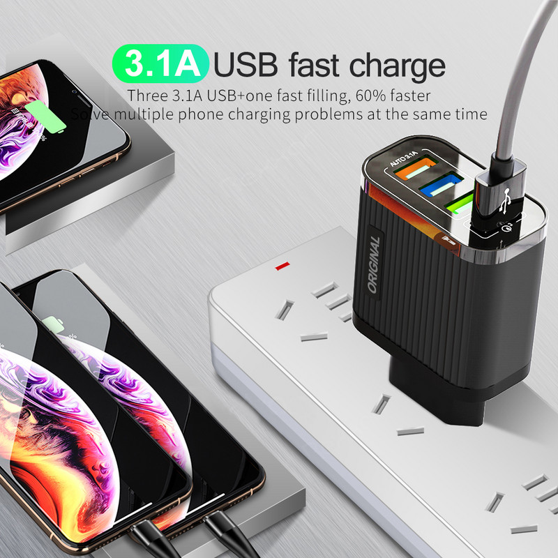 4 porturi 60W încărcător USB Adaptor de perete Încărcător rapid pentru încărcarea telefonului pentru iphone Samsung Xiaomi Tabletă Încărcător rapid mobil QC3.0
