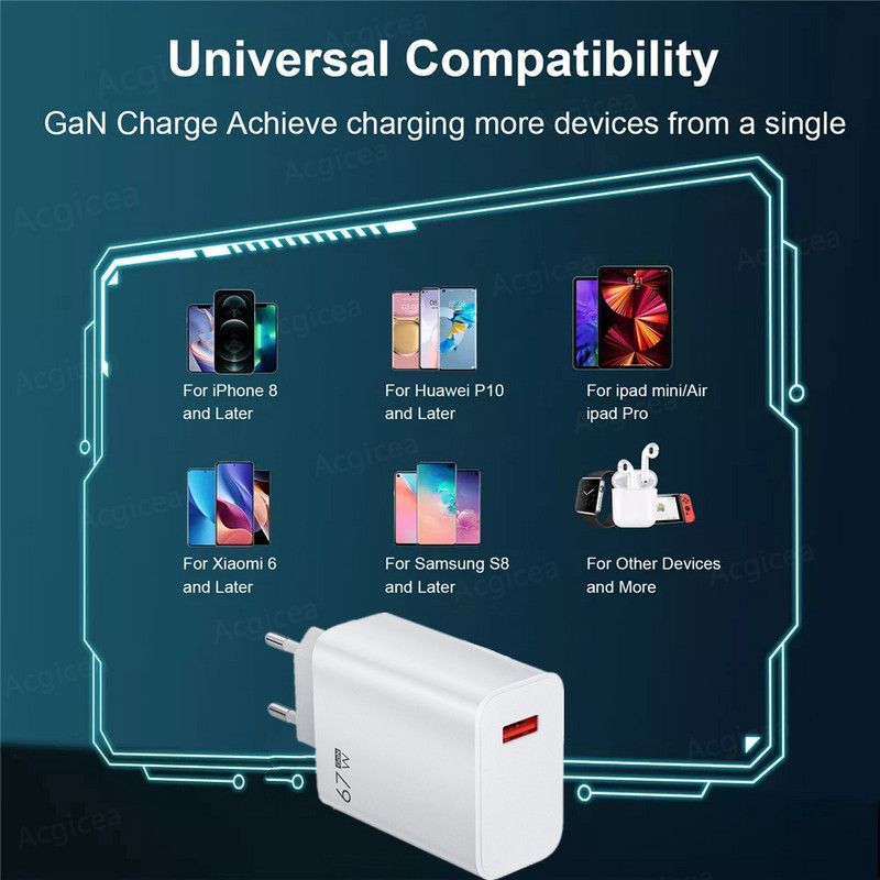 67 W USB įkroviklis greito įkrovimo QC 5.0 universalus maitinimo adapteris, skirtas iPhone Xiaomi Huawei Samsung Realme GAN mobiliųjų telefonų įkrovikliams