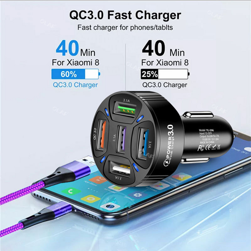 5 priključaka 35W USB auto punjač za brzo punjenje za iPhone Xiaomi Huawei Samsung QC3.0 punjač za mobitel u automobilu adapter