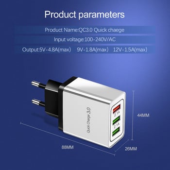 Quick Charge 3.0 USB зарядно устройство EU Plug Стенен мобилен телефон Зарядно устройство за бързо зареждане за iPhone X XS 8 7 Samsung S8 3 порта адаптер QC 3.0