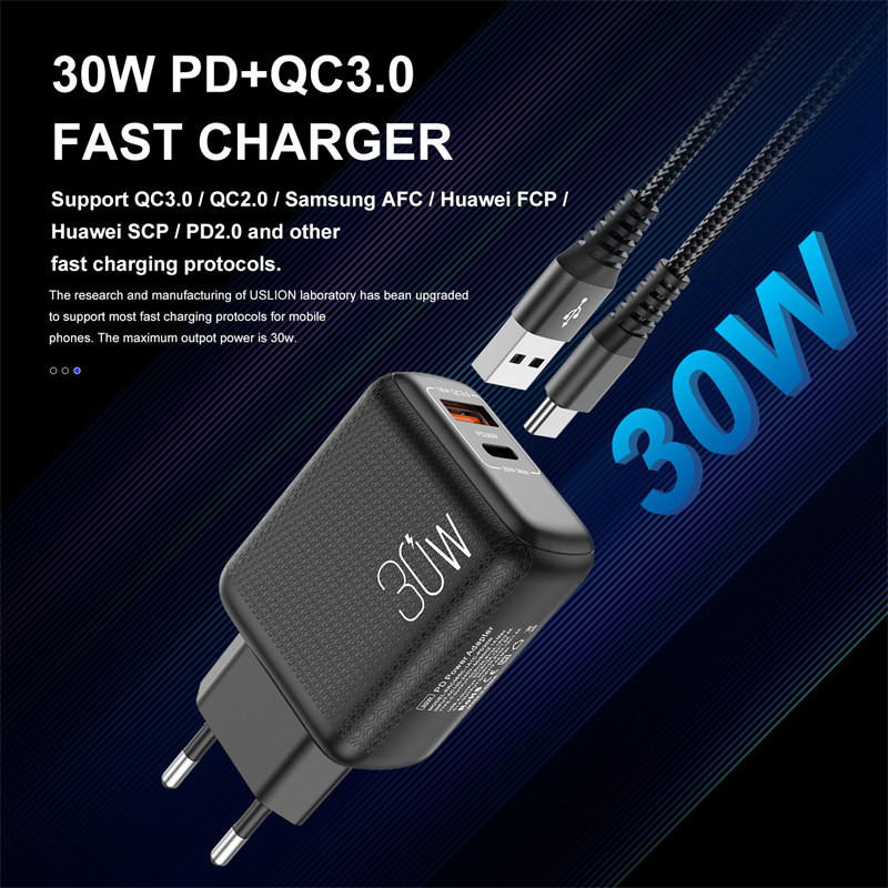 UKGO PD 30W 2 porta EU US UK Plug Fast Charger Adapter za iPhone 12 11 Samsung Xiaomi Huawei QC 3.0 Brzi punjač za mobilni telefon