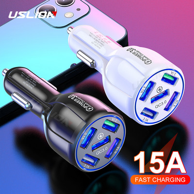 USLION LED 5 prievadų USB automobilinis įkroviklis 15A greitas mini greitas įkrovimas iPhone 12 Xiaomi Huawei mobiliojo telefono įkroviklio adapteris automobilyje