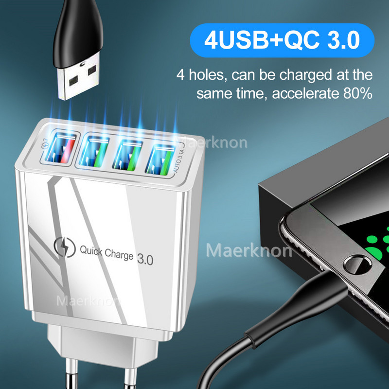 60W Quick Charge 3.0 USB punjač za telefon Zidni 4 porta QC3.0 Adapter za brzo punjenje za iPhone X Samsung s9 A50 Xiaomi EU US punjač