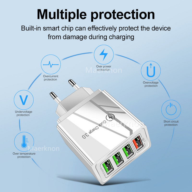 60W Quick Charge 3.0 USB punjač za telefon Zidni 4 porta QC3.0 Adapter za brzo punjenje za iPhone X Samsung s9 A50 Xiaomi EU US punjač