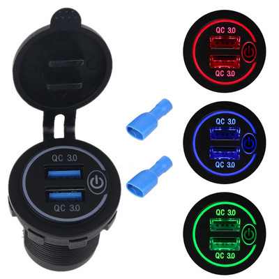 Adaptor pentru încărcător auto USB dublu QC3.0, impermeabil, 12V 24V, cu comutator tactil pornit/oprit, Lumină LED pentru telefon mobil, GPS, camion, SUV, autobuz